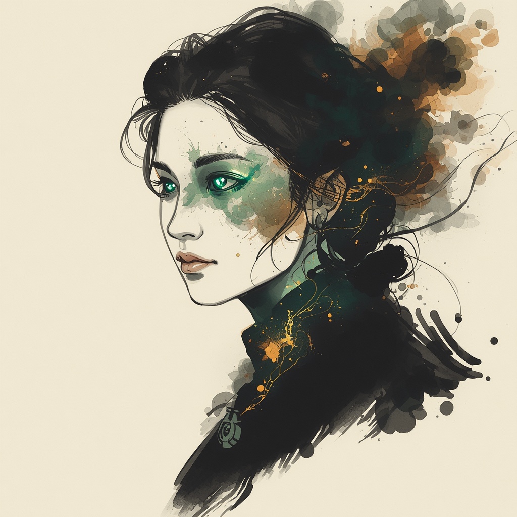 Eidara — an ink-painted druid, calm-eyed, emerald magic and gold spatter blooming out of the brushwork